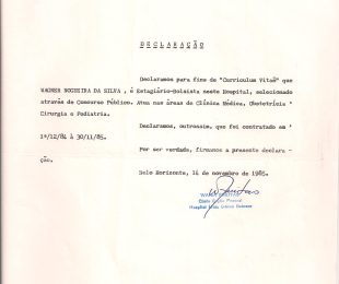 1985-11 – DECLARACAO-PREFEITURA MUNICIPAL DE BELO HORIZONTE HOSPITAL MUNICIPAL ODILON BEHRENS
